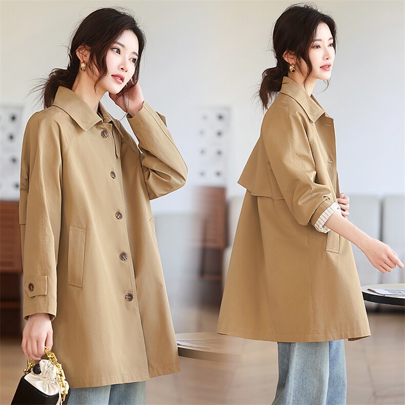 爆【现货】纯棉中长款风衣外套女春秋长袖单排扣风衣，女装风衣，鑫源服饰