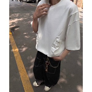 夏季2025年新款拼接口袋短袖T恤男女同款宽松美式oversize 特P42图片