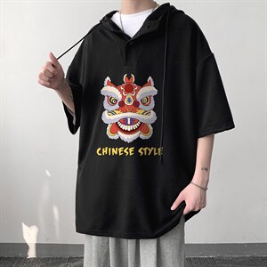 LD54185-P45 连帽短袖t恤男大码胖子带帽五分袖中袖 大皂风图片