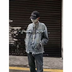 美式重工水洗做旧流苏毛边牛仔夹克男女复古潮牌休闲情侣外套上衣，男装工装外套，星座813-3