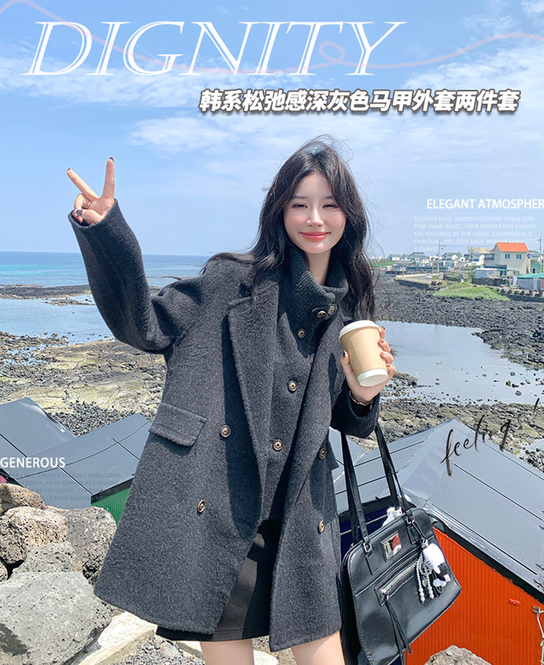 韩版双面羊绒大衣女冬独特超好看灰色两件套毛呢外套,女装毛呢外套,浙宝220A