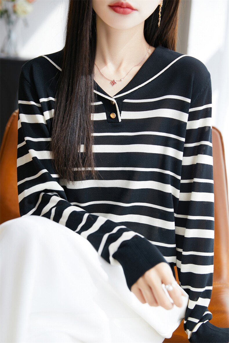夏季新款海军领条纹针织衫女五分袖短款小衫休闲T恤百搭洋气上衣,女装衬衫,大美人高端店