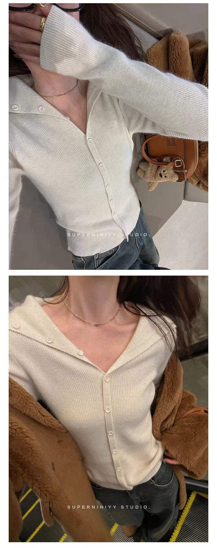 纯欲v领打底衫女春季新款修身长袖独特绝美小上衣,针织衫/毛衣,半城羊绒