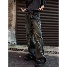 拼接毛边拉链设计感牛仔裤男重磅宽松拖地微喇长裤子N7717，男装牛仔裤，星座1116A（原606A-3）