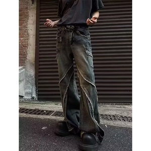 拼接毛边拉链设计感牛仔裤男重磅宽松拖地微喇长裤子 N7717图片
