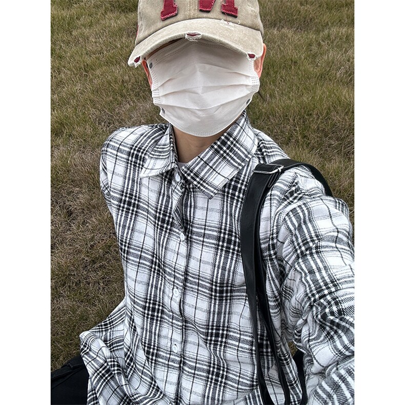 美式复古黑白格子衬衫男春秋高级感格纹长袖衬衣cleanfit情侣外套,男装衬衫,星座301C-5