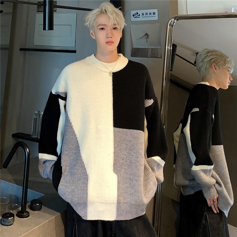 美式复古潮牌拼接撞色针织衫男女设计慵懒风情侣毛衣M19-P58，男装针织衫/毛衣，电商C307A