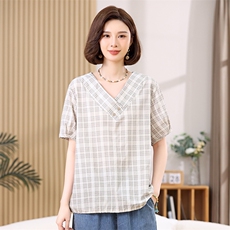 V领垂感天丝衬衫2025新款女士冰丝短袖复古格子衬衣中年妈妈上衣，女装衬衫，叶笙衣
