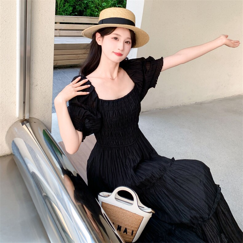 现货新款夏季法式复古纯色气质方领度假宽松高级感长款高腰连衣裙,商品下架区,网红馆
