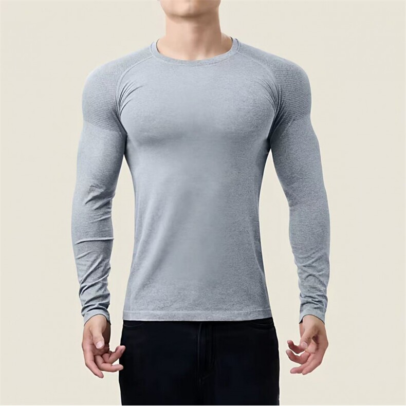 无缝提花吸湿透气弹力速干长袖T恤训练健身户外打底衫CT47P40特，男装T恤，电商D256