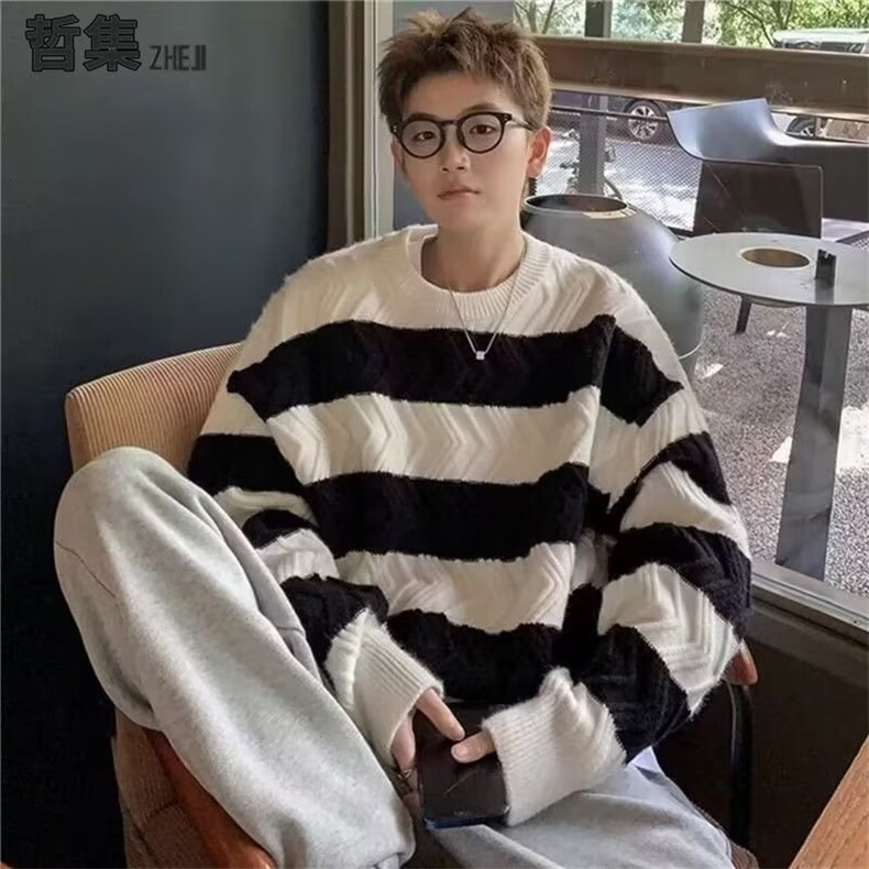 男士秋冬季韩版宽松撞色加厚套头长袖毛衣针织衫XZ302B-1-M398P45,男装针织衫/毛衣,星座302B-1