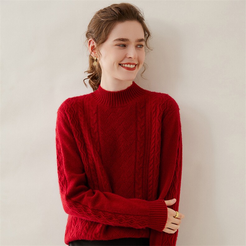 半高领35%羊绒衫女秋冬新款宽松长袖加厚打底绞花纹短款针织，女装羊绒衫，缇曼羊绒