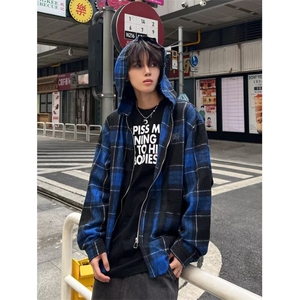 C300-P53 美式哥特风蓝格连帽衬衫男女春秋季潮牌高街拉链图片