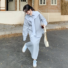 慵懒松弛感蓝色披肩衬衫套装裙女2025春季新款学院风半身裙两件套，女装套装/套裙，2C108