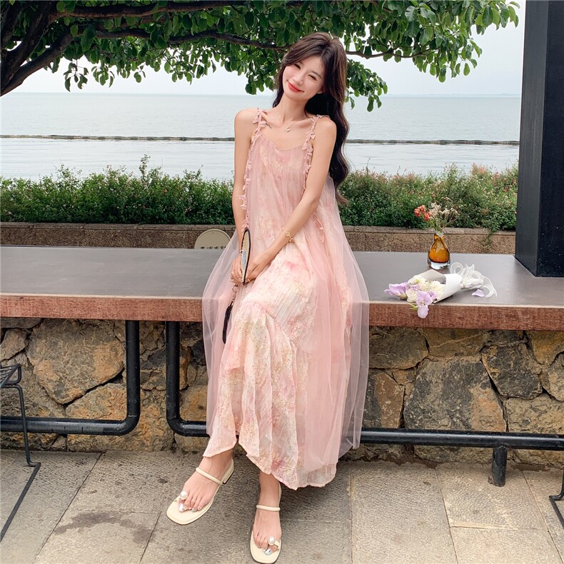 粉色甜妹绝美独特网纱拼接假两件吊带长裙新款超仙浪漫连衣裙夏女,女装连衣裙,2C105
