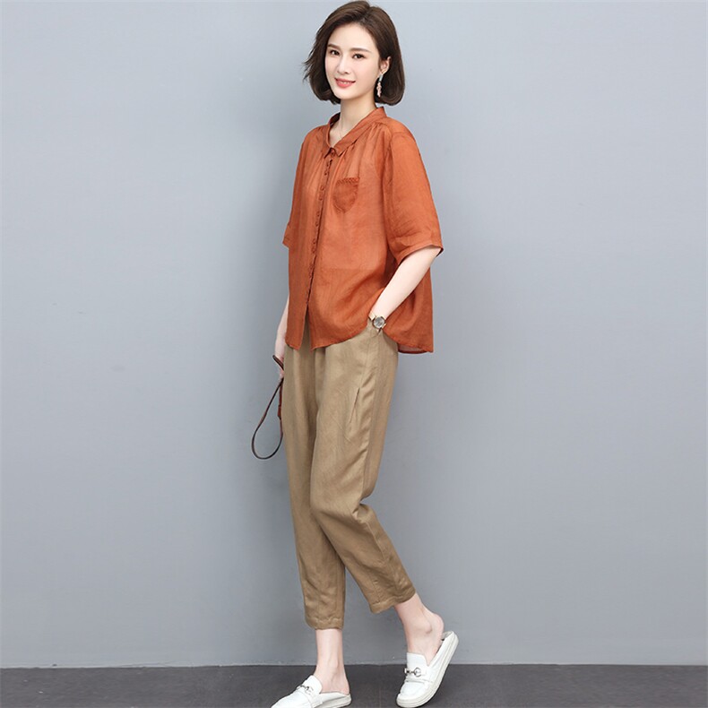 2022年夏新款纯苎麻上衣时尚两件套装女棉麻九分裤,女装套装/套裙,忆绮罗