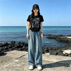 甜美时尚休闲套装女夏季新款圆领印花烫钻上衣设计牛仔长裤两件套，女装套装/套裙，江南