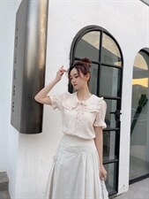 清纯花叶领格子短T搭配花叶边七分半裙，女装半身裙，知否