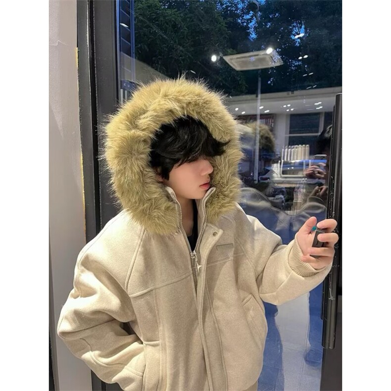 麻灰色座山雕毛领棉服外套男女款冬季毛呢加厚防风情侣装连帽棉衣,男装棉衣,四季星座505