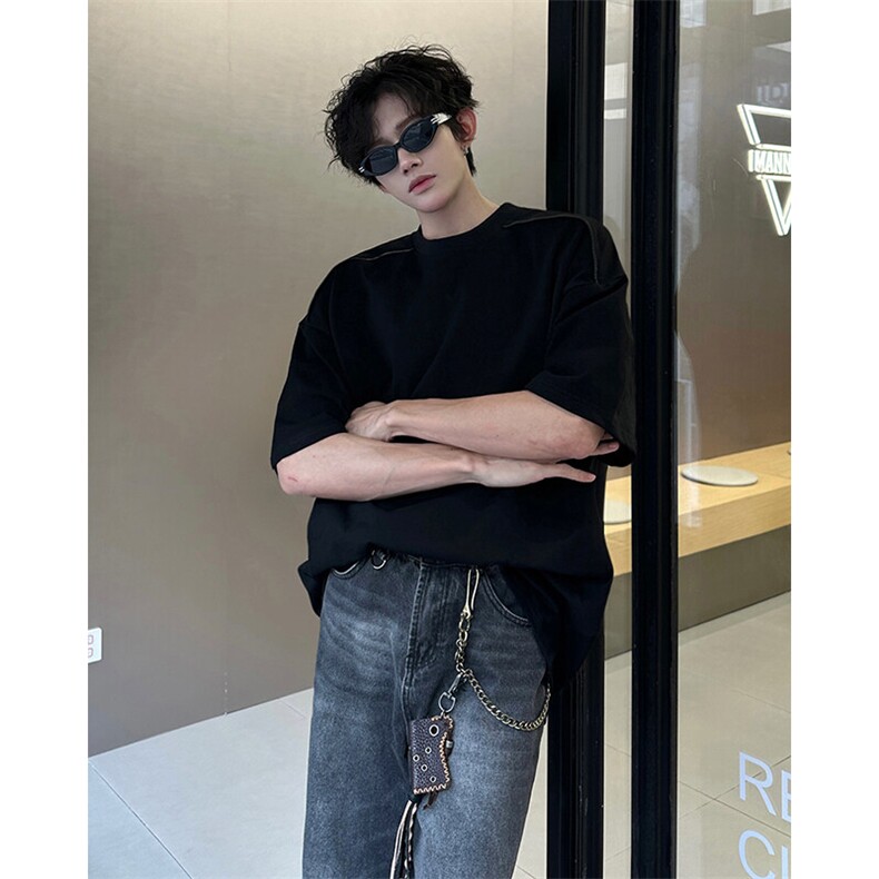 得物抖音高品质二开240克宽松纯棉美式高街痞帅拉链装饰短袖T恤,男装T恤,电商A486-1