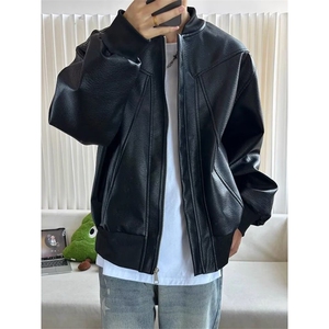 2025秋季新款男防风宽松型免烫美式夹克棒球领皮夹克情侣外套黑色图片