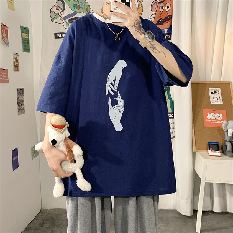 YT26147-P30亚麻短袖t恤男大码五分袖男宽松七分袖海报风,男装T恤,电商A040