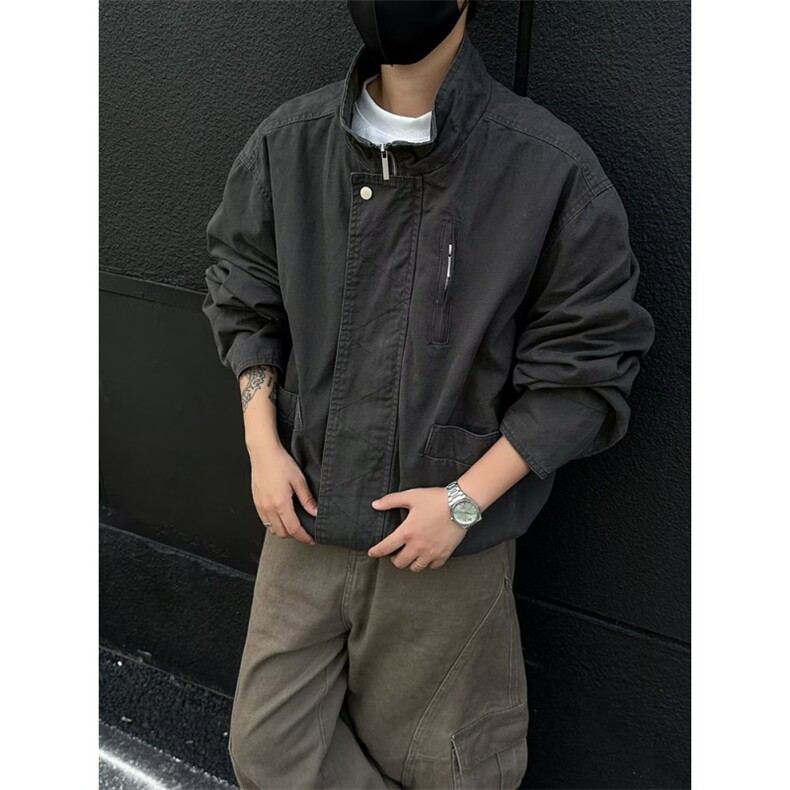 美式复古卡其立领工装夹克cleanfit高级感短宽巴恩风外套jk173p65,男装夹克,电商D315
