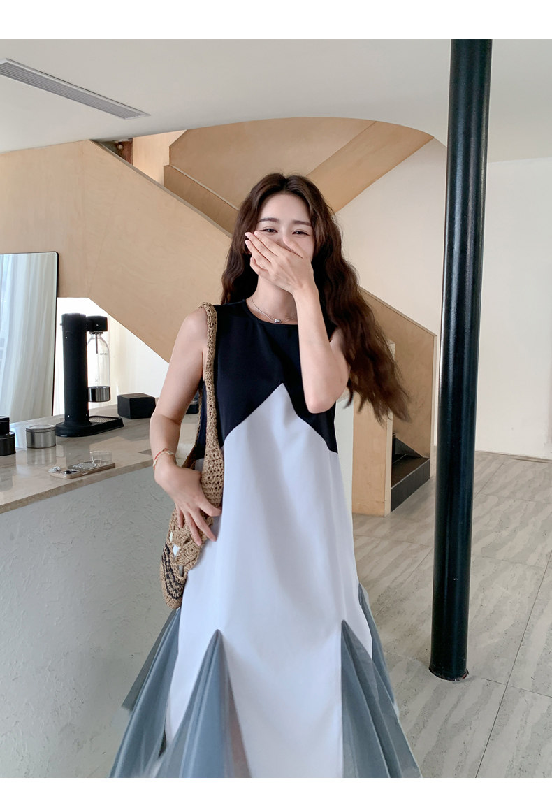 时尚无袖圆领撞色拼接连衣裙,女装连衣裙,2C278