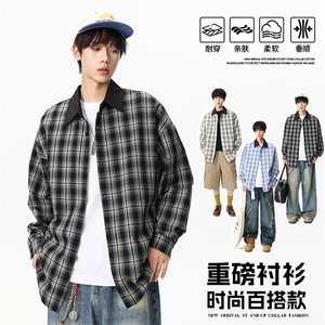 2025秋季新款格子衬衫男青少年韩版潮流复古风翻领衬衣HH9173