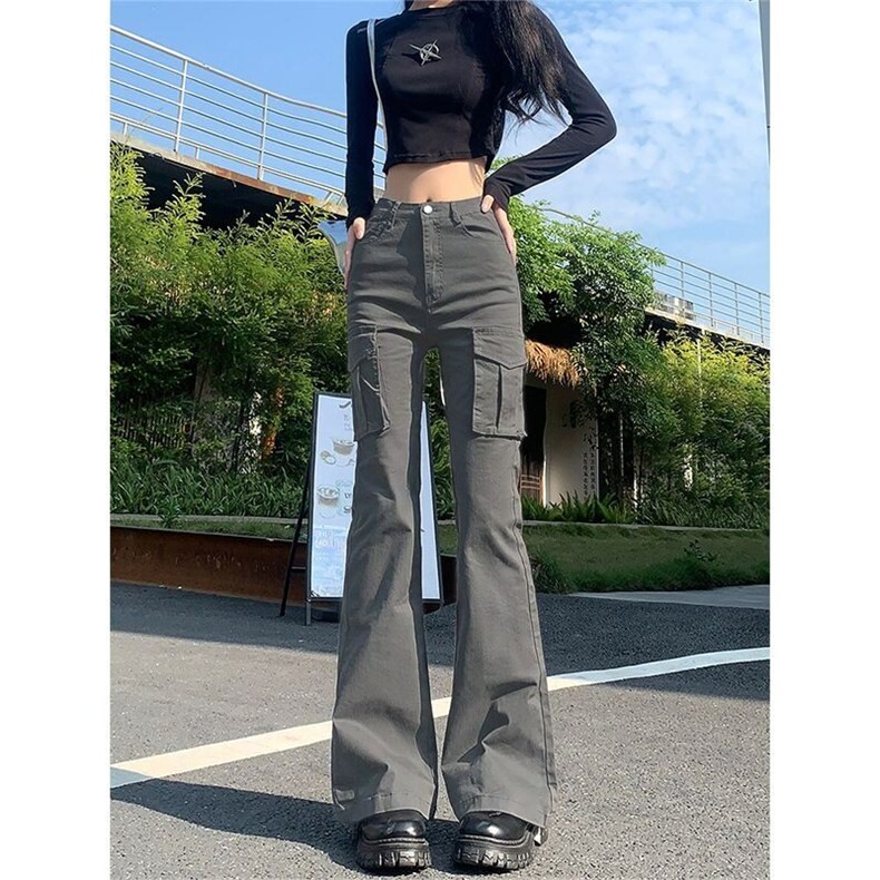 美式微喇叭工装裤牛仔裤女秋季高腰显瘦复古辣妹垂感马蹄裤子图片