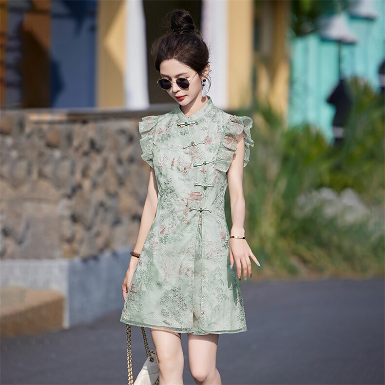 新中式国风套装女2025新款夏季小个子旗袍连衣短裤裙欧根纱两件套,女装套装/套裙,布芭啦