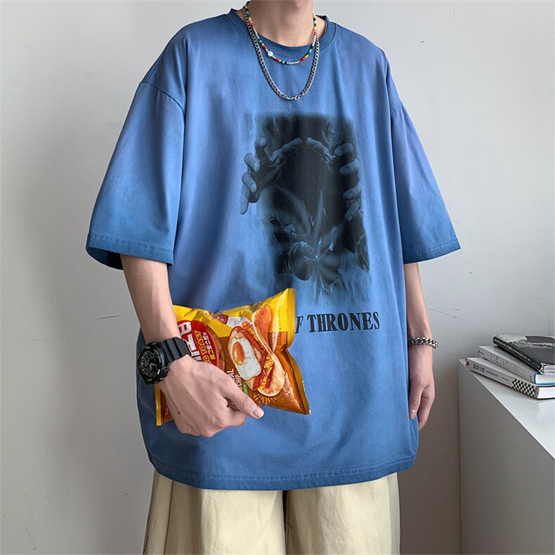 新款短袖港风模特潮牌纯手感落肩宽松胖子T恤TC3125-P33控48,男装T恤,星座717