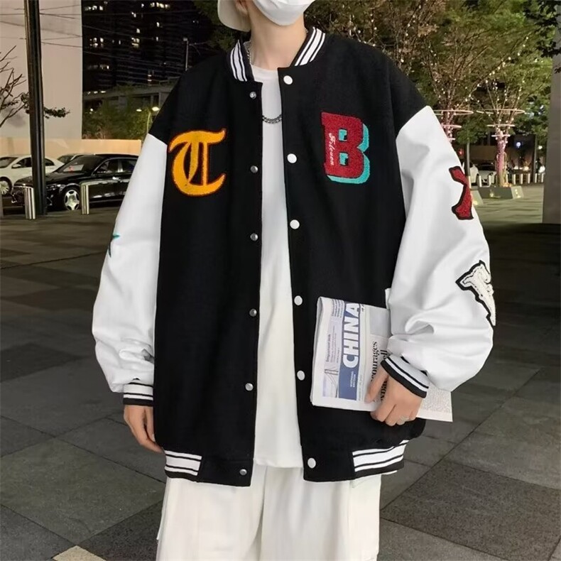棒球领宽松休闲毛巾绣毛呢拼皮黑蓝绿咖啡M-3XLJ502,男装夹克,星座1116A-1（原606A）