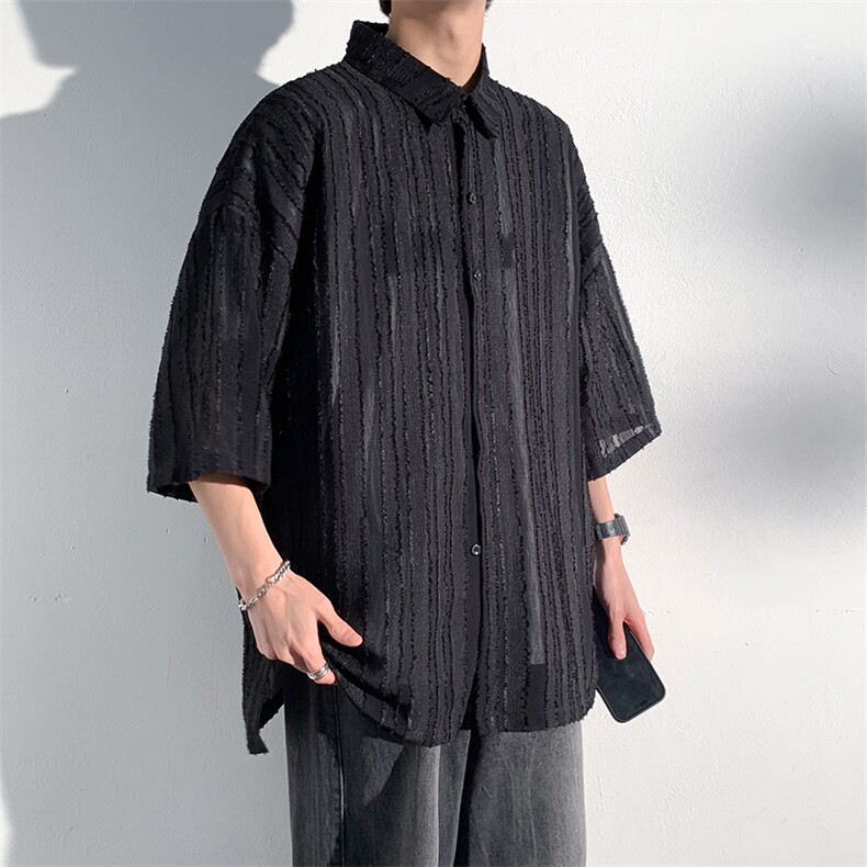 竖条纹短袖半袖衬衫男薄款凉感冰丝舒适大码上衣A071-C65-P38,男装T恤,电商A071