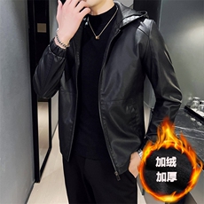 2023秋冬皮衣夹克修身连帽PU皮衣外套男py5609-p88加绒p98，男装皮衣，电商D303
