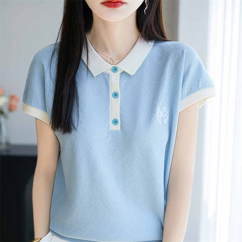 夏季新款POLO领短袖女宽松半袖背心拼色T恤上衣休闲外搭简约显瘦,女装T恤,皓宇羊绒