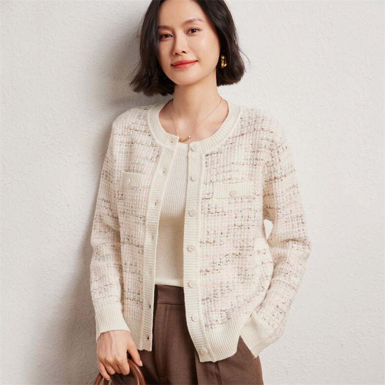 时尚女士圆领金豆彩丝羊绒开衫优雅百搭显瘦保暖外套,女装羊绒衫,臻维羊绒