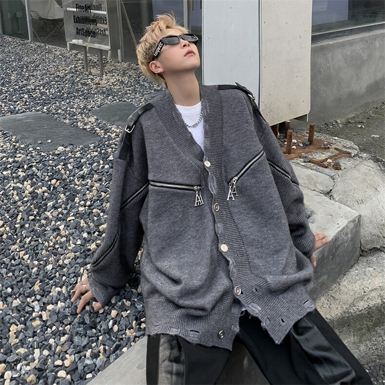 美式街头拉链V领开衫毛衣男女秋冬破坏设计感外套金属纽扣上衣潮,男装针织衫/毛衣,星座410-7