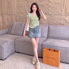 女夏新款时尚套装裙气质显瘦蕾丝拼接蝴蝶结针织衫牛仔短裙两件套，女装套装/套裙，江南