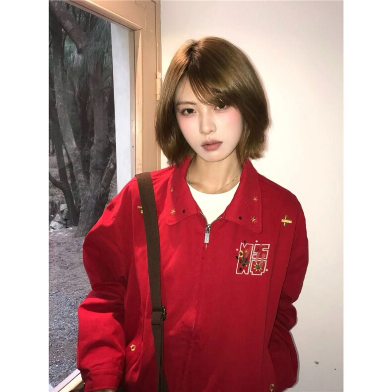 星卉刺绣复古翻领哈灵顿夹克秋冬季短外套,男装夹克,星座506A