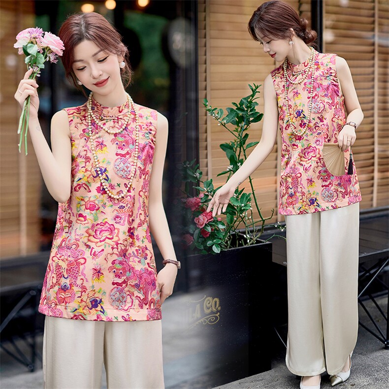 新中式马甲外套女2025新款夏季高级感宽松复古提花洋气两件套，女装套装/套裙，魅影