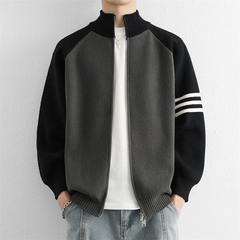 重磅秋冬北极绒开衫毛衣美式复古休闲慵懒风撞色立领针织衫外套，男装针织衫/毛衣，电商A486-1