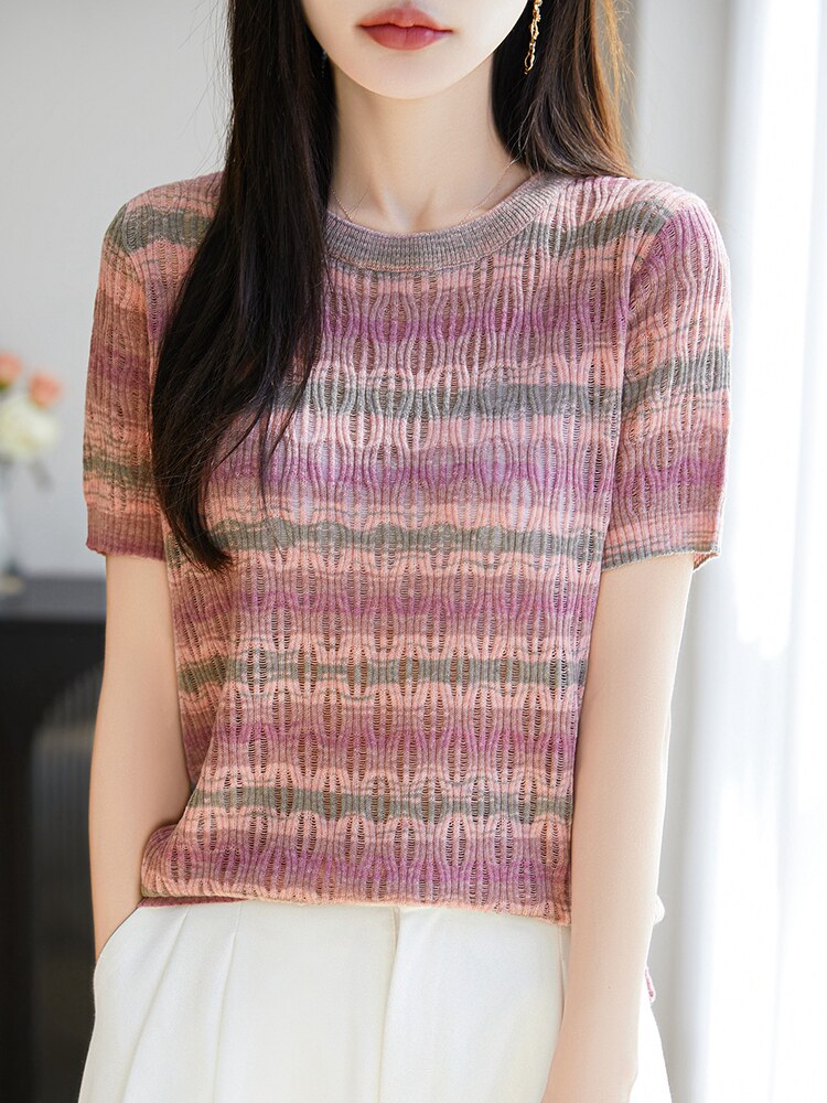 撞色条纹精纺羊毛短袖女2025新款春夏圆领显瘦镂空撞色,女装T恤,暖烁特种纱工厂店