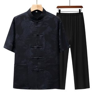 主推情侣款风中老年唐装短袖衬衫套装 TR2805-P125图片