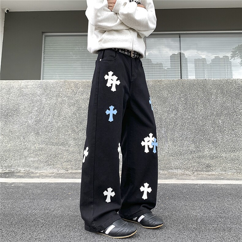 NZ01-P45控78美式高街十字架牛仔裤男潮牌痞帅宽松直筒vibr长裤,男装牛仔裤,星座403（原603-1）