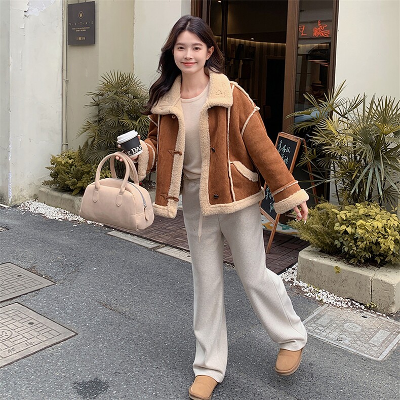 时髦皮毛一体短款羊羔毛外套女2025新款冬季慵懒风巨好看加厚外套,女装皮草,2C316