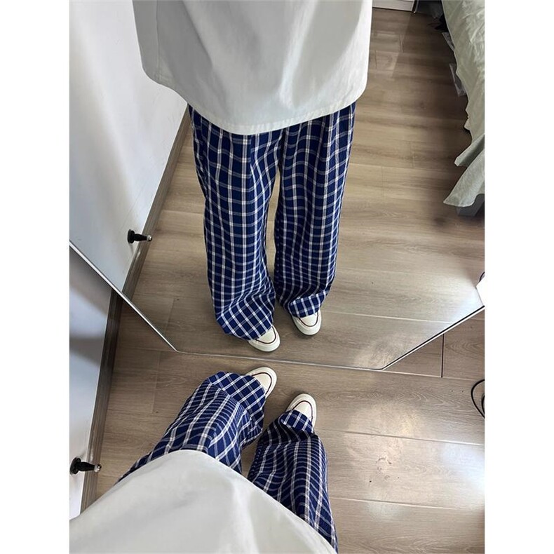 美式高街潮牌男女泡泡格子休闲裤直筒宽松慵懒显瘦阔腿休闲长裤子,男装休闲裤,电商A486