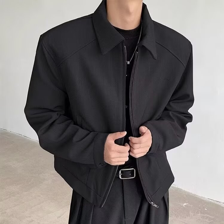 XZ412-P65黑色短款夹克外套男春秋款高级感痞帅垫肩翻领正肩,男装T恤,电商B323A