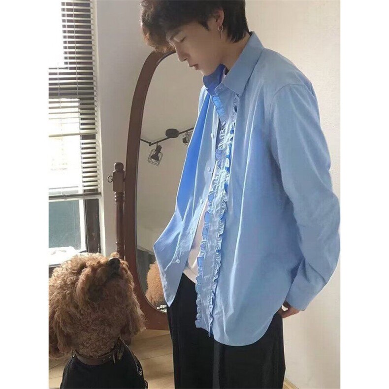 韩版轻奢拼接木耳边纯色衬衫翻领单排扣宽松衬衫春秋新款CXC359,男装衬衫,星座1116A（原606A-3）