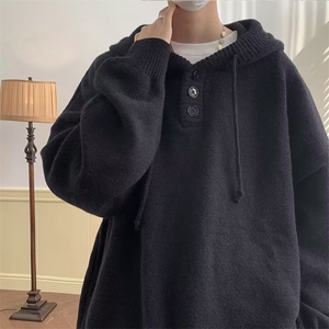 YM17连帽毛衣男日系复古慵懒外套oversize戴帽子针织衫卫衣重磅